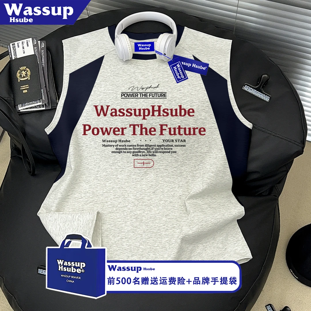 WASSUP HSUBE国潮牌个性字母印花无袖T恤男街头宽松纯棉坎肩背心
