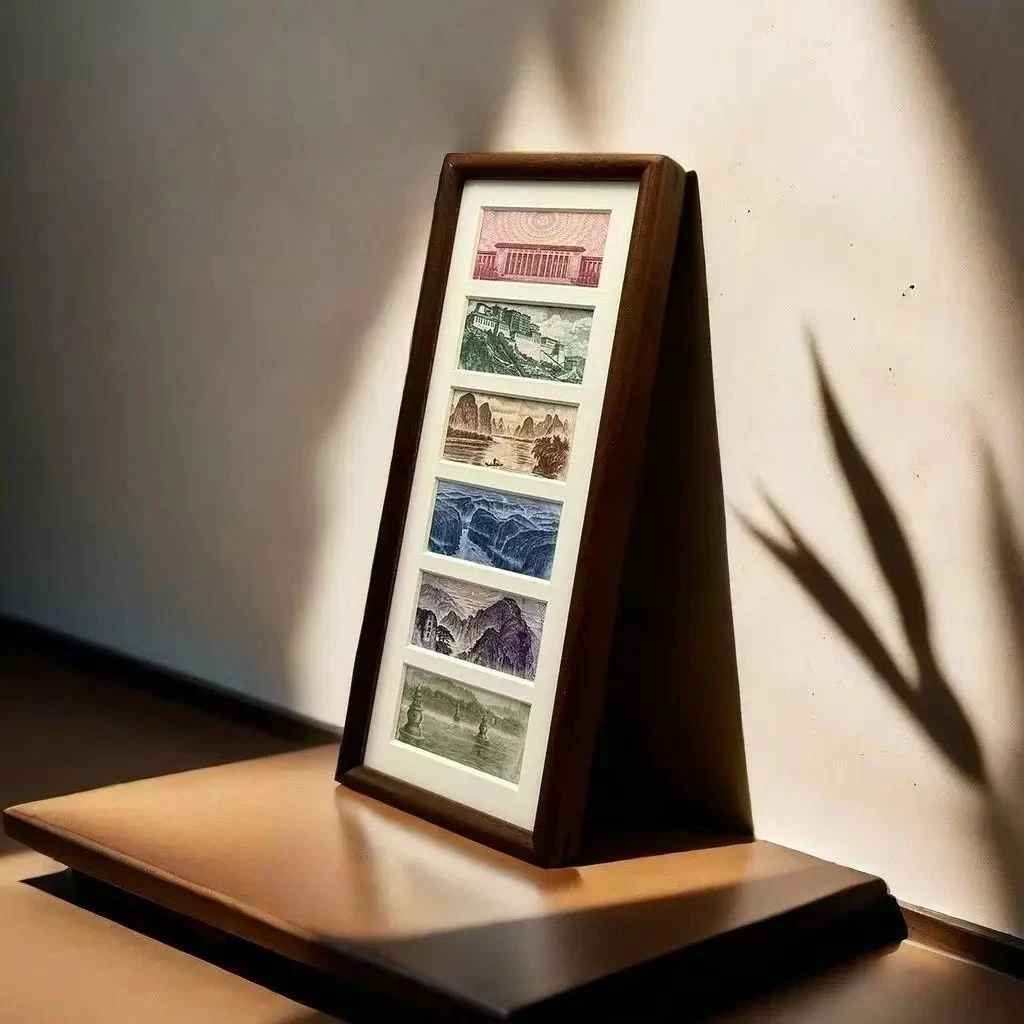 六连框黑胡桃相框多金画框玄关摆台钱币钱币装饰画轻奢简约立式