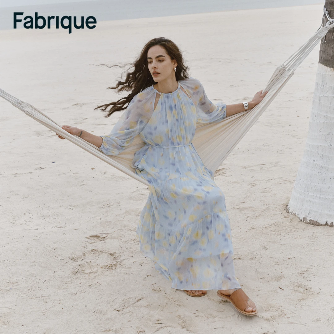 Fabrique【王艳同款】春夏欧若拉薄纱印花串珠轻盈法式七分袖连衣裙