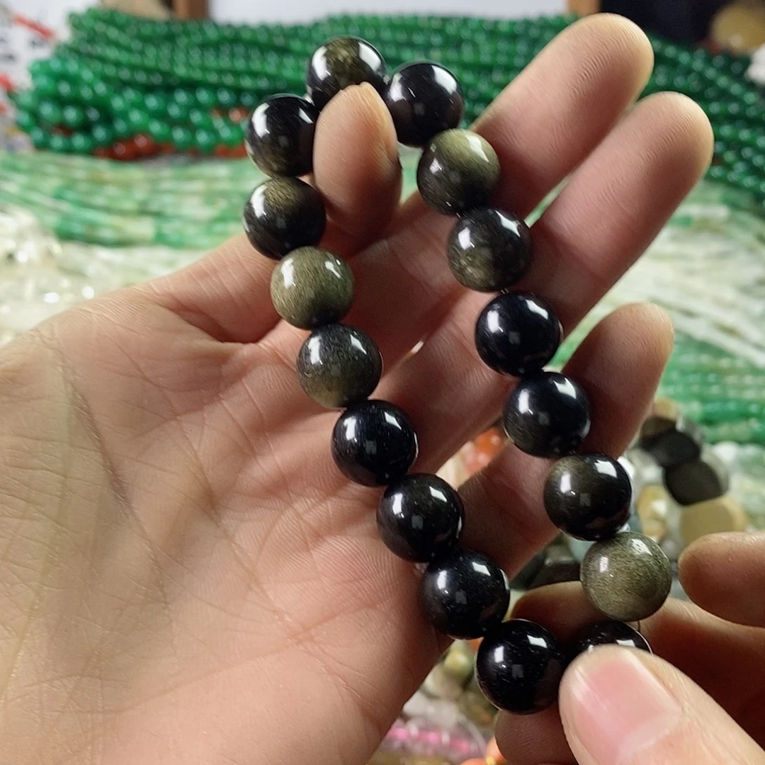 玛瑙/玉髓珠宝半成品合金一条天然12mm金耀手链D458