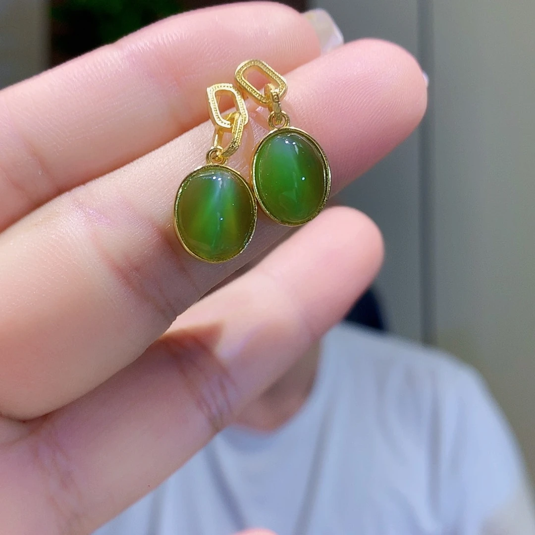 和田玉（碧玉）银S925镀金镶嵌耳饰