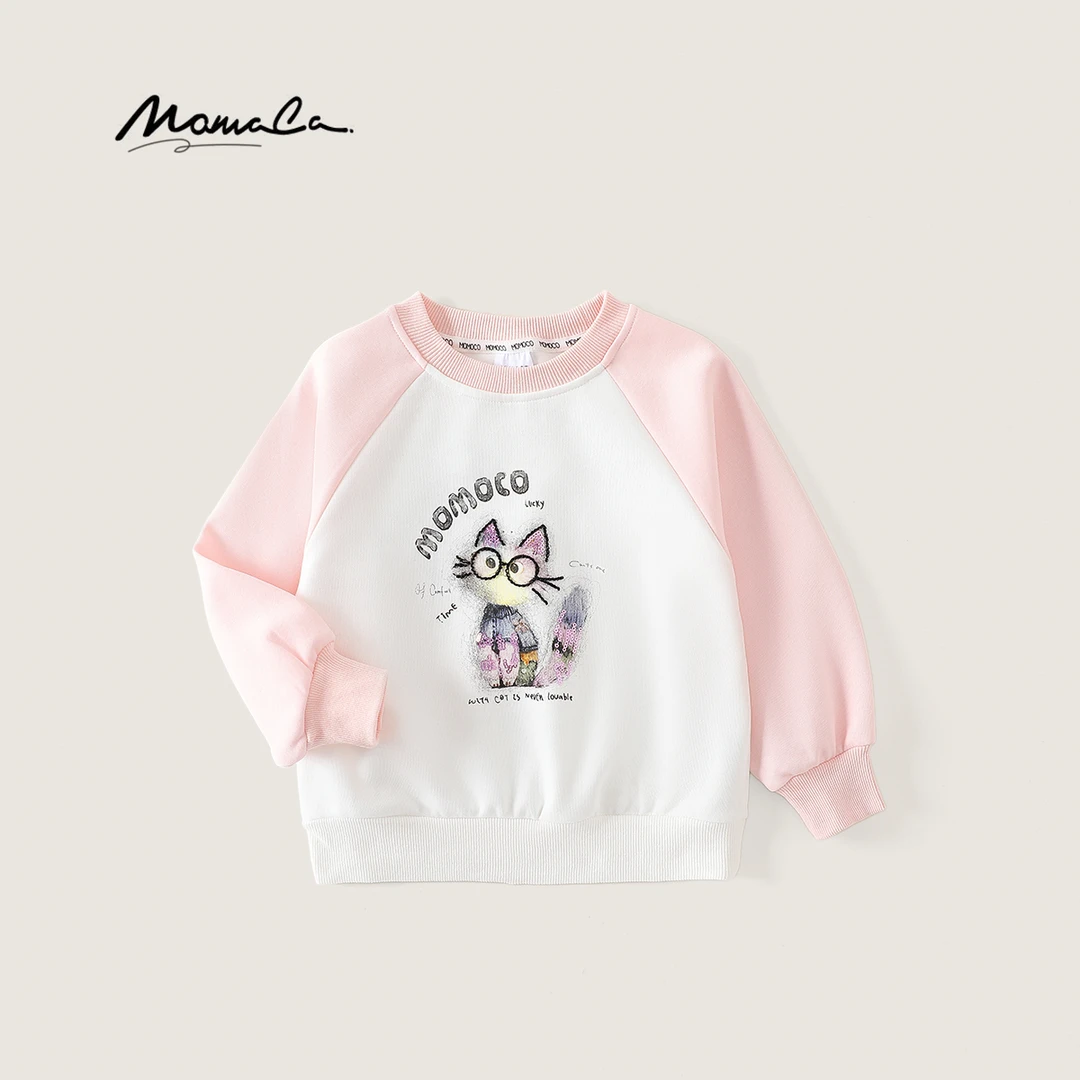 MOMOCO春秋季女童甜美洋气小猫卫衣可爱百搭圆领上衣77780232007