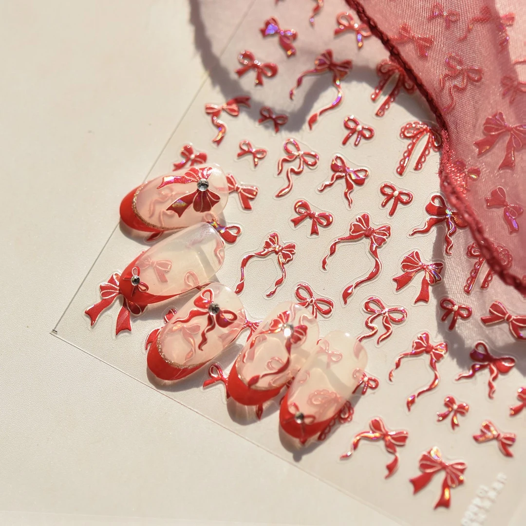 新款红色蝴蝶结美甲贴纸tomoni网红极光幻彩飘带蝴蝶结百搭指甲贴