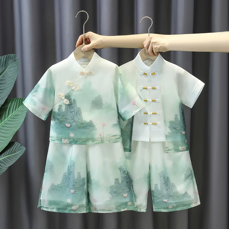 汉服宝宝薄款唐装夏季套装女童超仙新中式夏装男童儒雅古风国学服