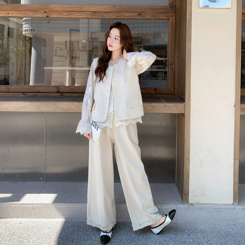 温柔风提花刺绣马甲衬衫阔腿裤2025春秋新款气质显瘦ins风三件套