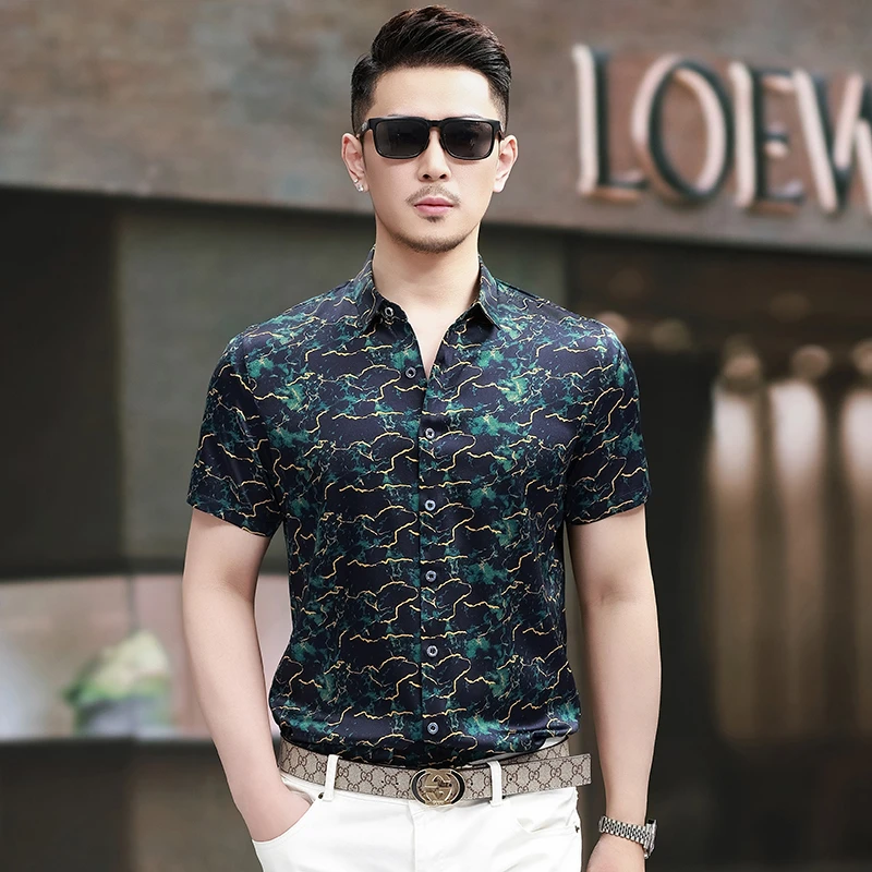 蓝色闪电男士桑蚕丝夏季高档衬衫男装短袖真丝花衬衣缎面丝绸5215