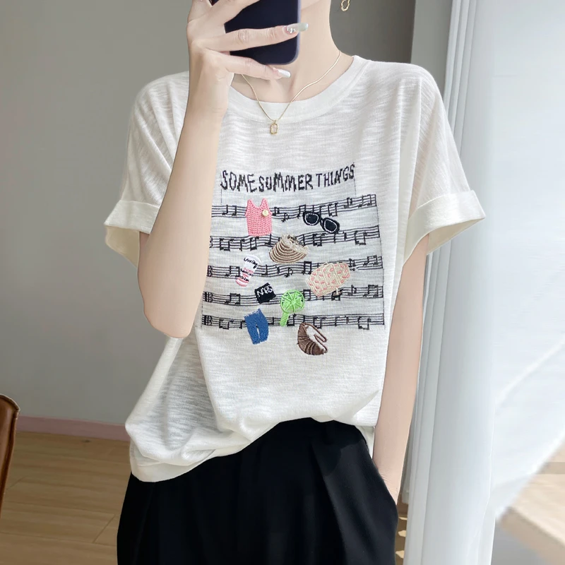 夏季新款竹节麻圆领五线谱字母针织短袖时尚百搭宽松显瘦气质上衣