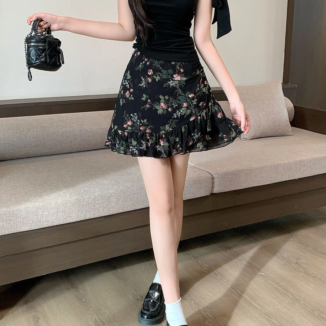 2025年大码女装夏季新款高腰显瘦碎花木耳边半身裙 3302