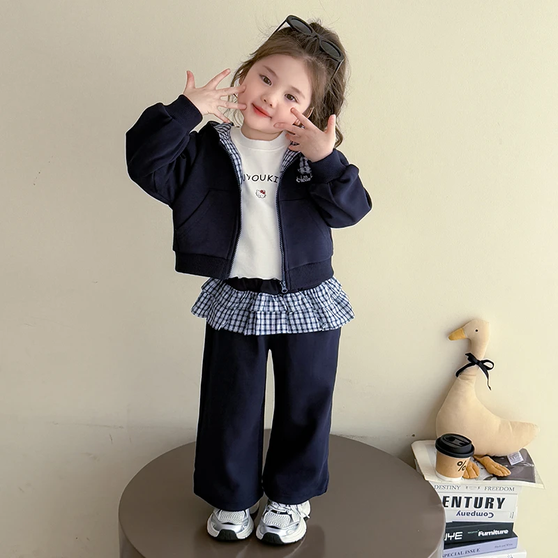 女童格子边连帽秋装套装儿童装时髦炸街宝宝春秋季两件套女孩衣服