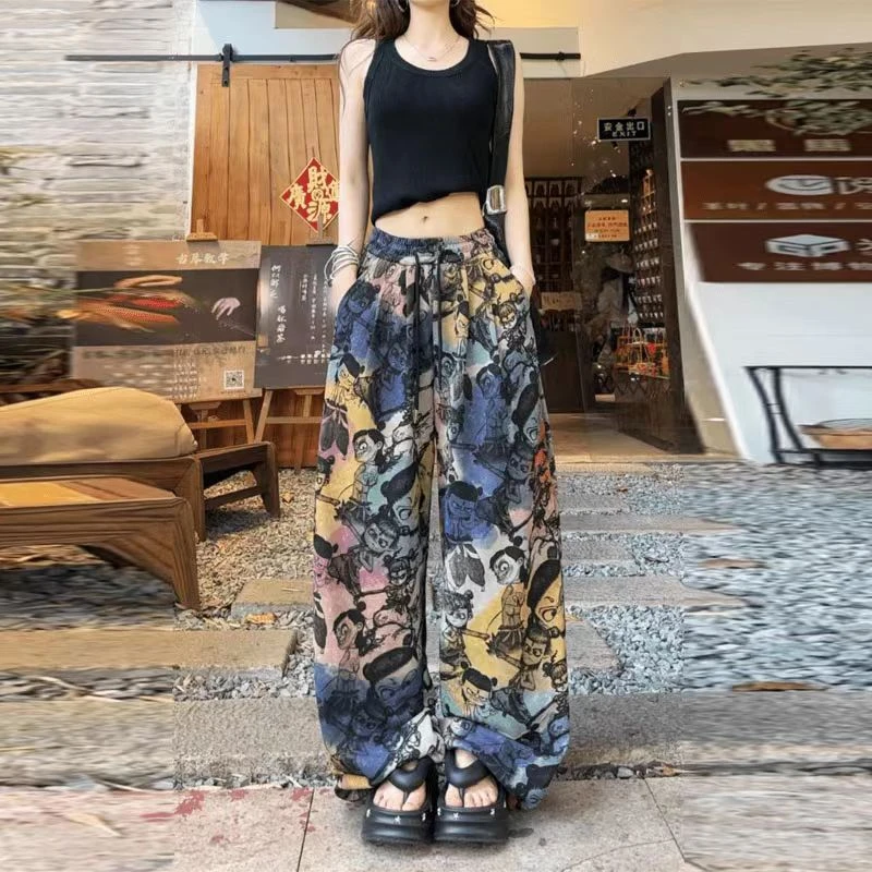 2025春季国潮系列哪吒时尚高腰阔腿显瘦拖地休闲裤