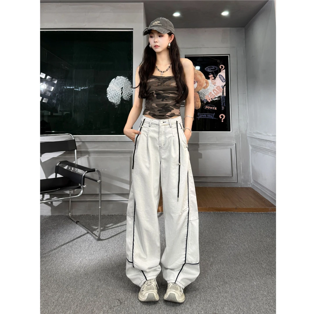 SOOM秋季新款高腰显瘦立体裁剪线条感显瘦阔腿弯刀裤牛仔裤