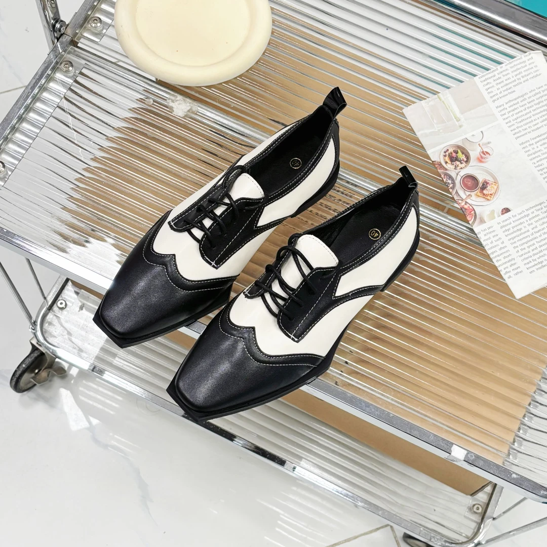 XD612-1方头低跟单鞋女春夏秋季深口系带通勤复古英伦风小皮鞋