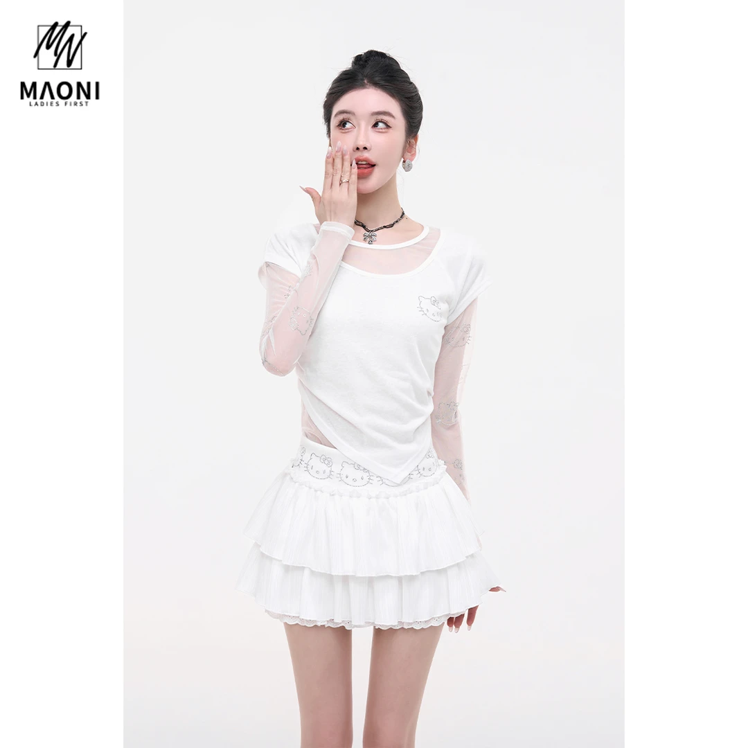 毛妮LADIESFIRST【显瘦心机】假两件蕾丝长袖T恤女烫钻KT猫L1872