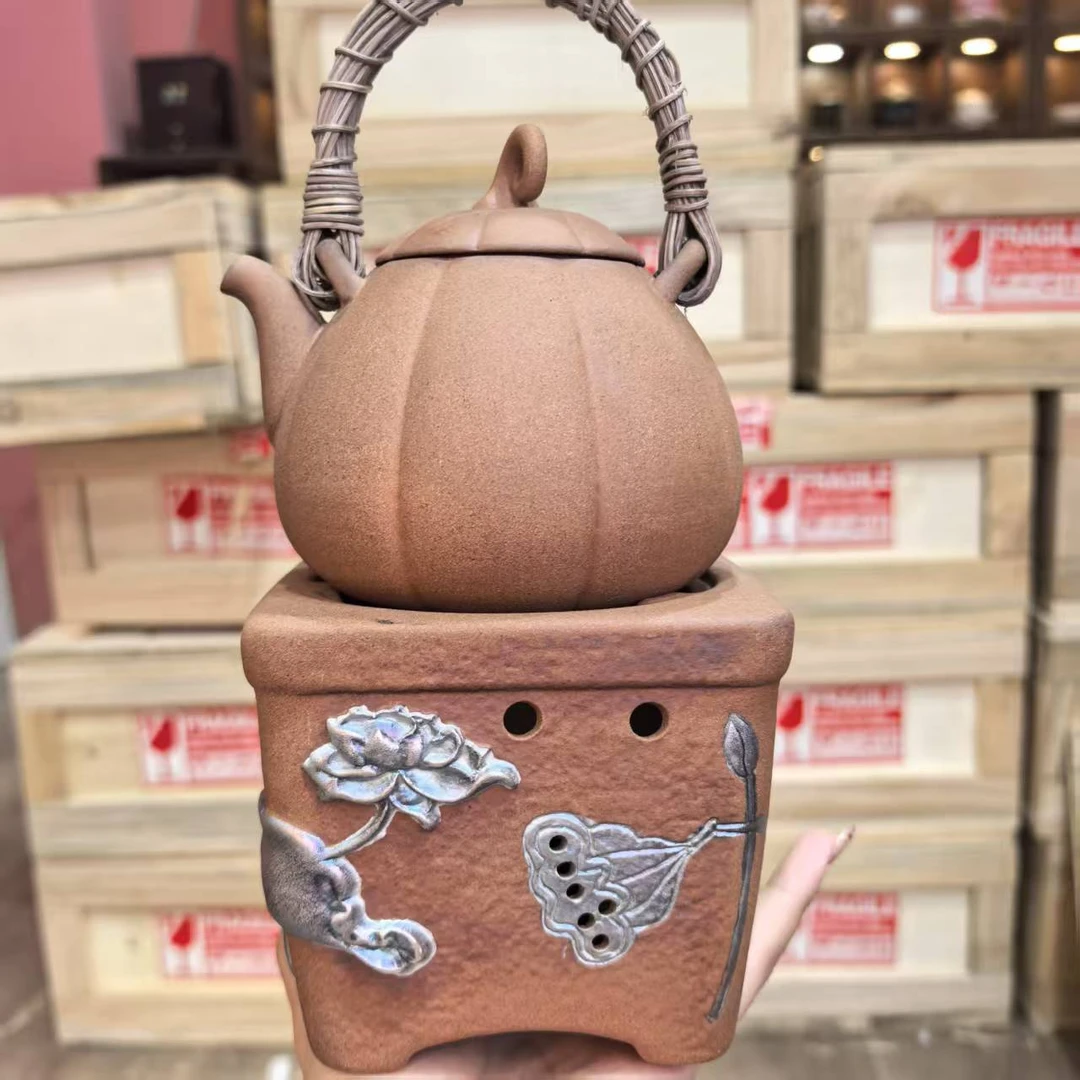 中式茶炉南瓜提梁壶加底座5571