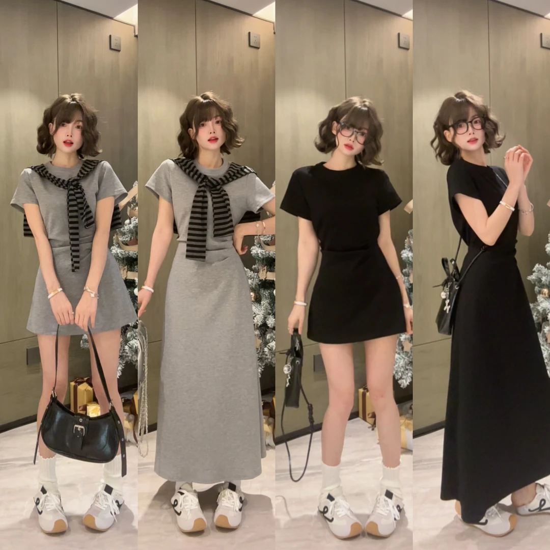【大货清清】原创街头风极简风夏季短袖圆领连衣裙时尚显瘦韩版长裙