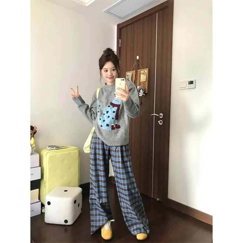 慵懒高级感圆领套头针织衫毛衣服上衣卫衣休闲裤格子裤阔腿拖地裤