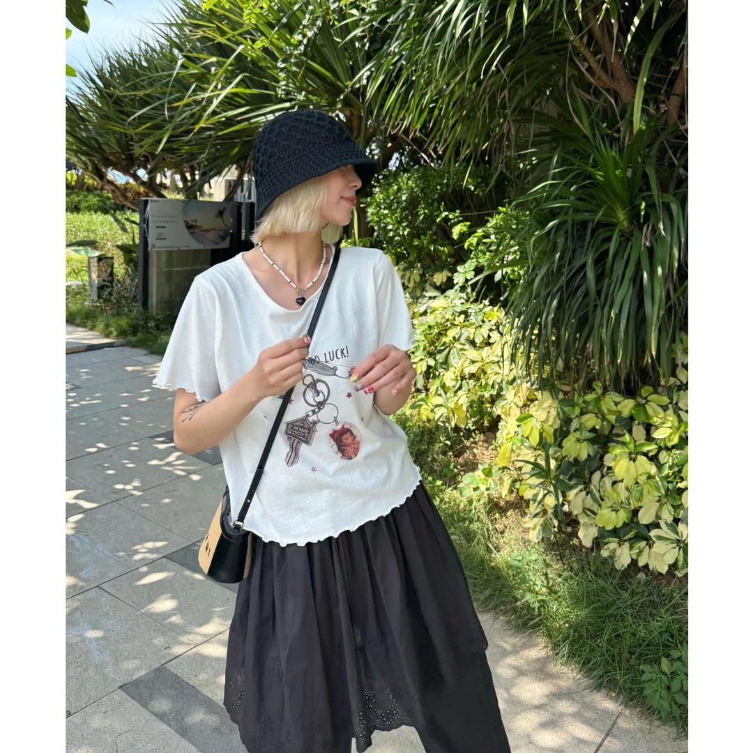 HELLOTANGO《甜心密钥》夏季韩系减龄小木耳边设计休闲T恤65090#