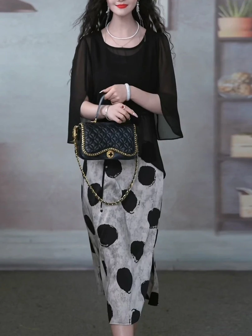 2025年两件套圆点时尚洋气遮肉显瘦夏季短袖广州十三行中袖连衣裙