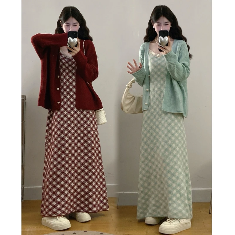 大码胖mm秋季新款韩系慵懒风毛衣外套+格子针织背心裙两件套装女