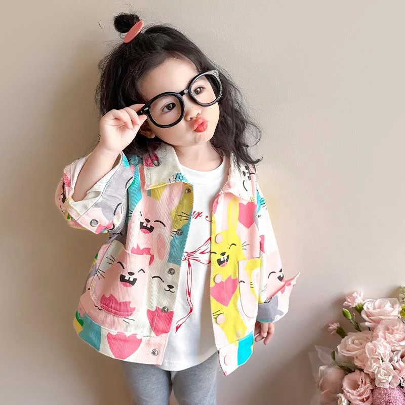 女小童涂鸦牛仔外套春秋款女宝宝洋气休闲夹克春装小女孩宽松上衣