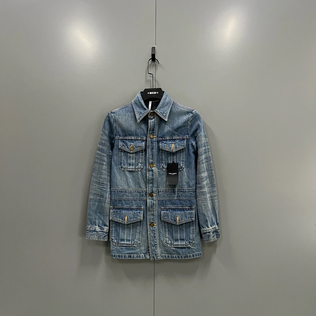 99新 YSL/圣罗兰 (tt6) slp 蓝色牛仔长袖衬衫 M码/012294