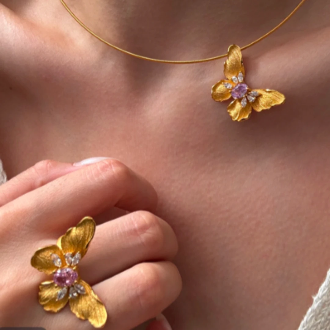 铜合金仿水晶戒指 Dzea蝴蝶新款粉色钻个性戒指0344