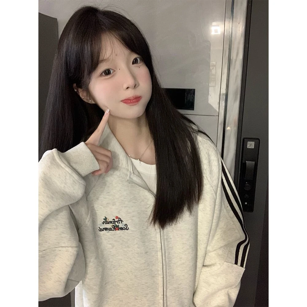 外套女秋冬款韩版大码学院风外穿宽松纯棉加绒小个子拉链连帽卫衣