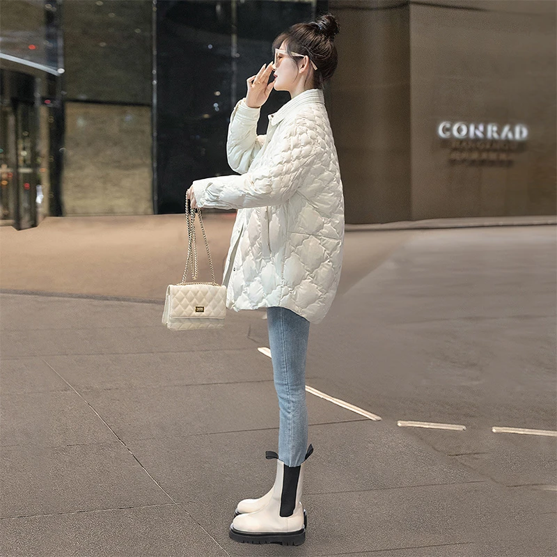 丝柏舍2025秋新款休闲纯色90绒菱形格女士薄款羽绒服S43B4766Y