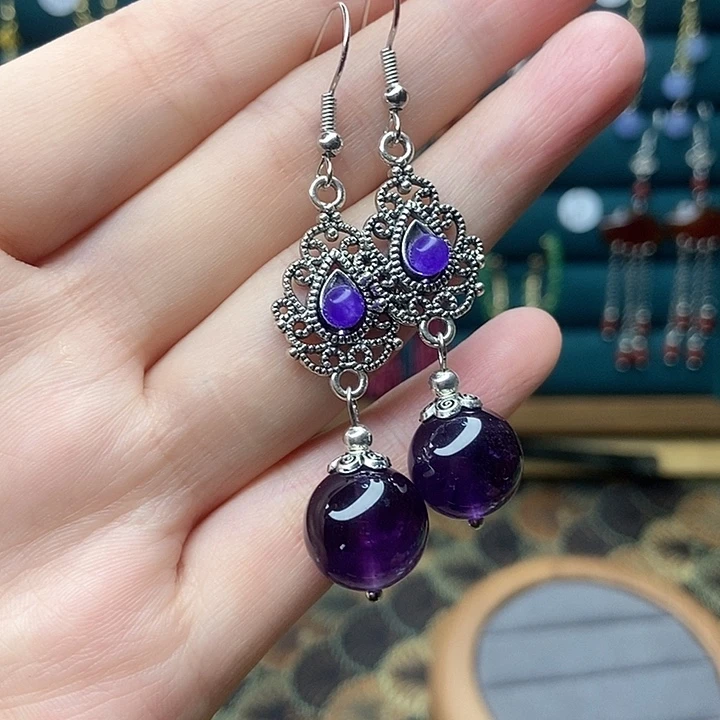 石英质玉耳钉银S925镶嵌