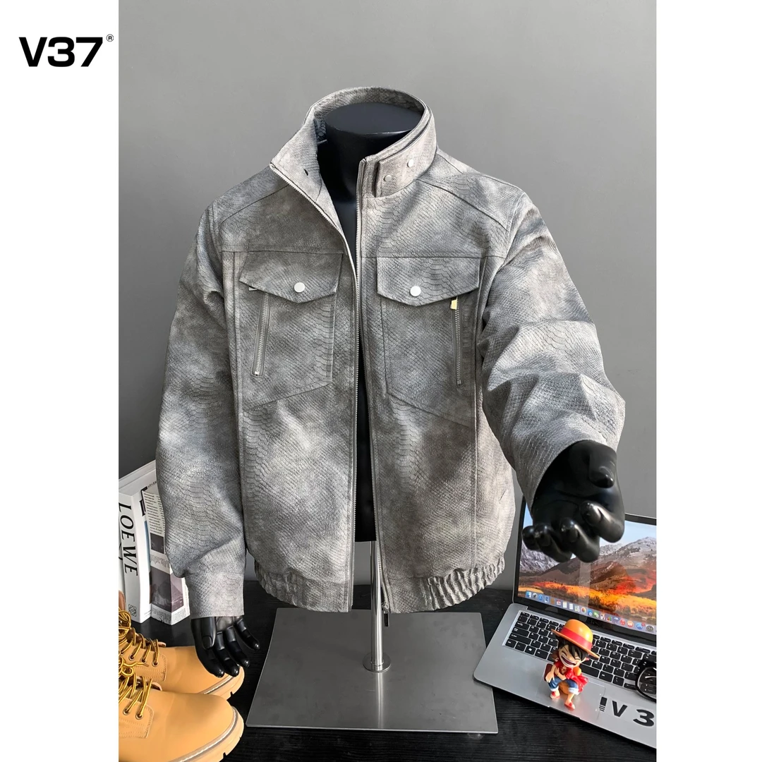 【蛇年限定】蛇鳞纹廓形短款夹克外套男士春秋美式复古立领工装皮衣