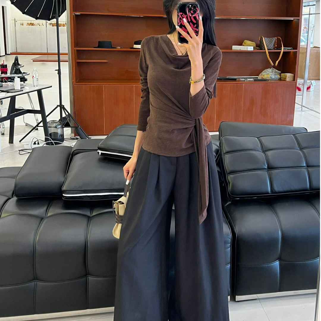 2025年秋季新款韩版高级设计感长袖极简风荡领T恤时尚休闲女上衣