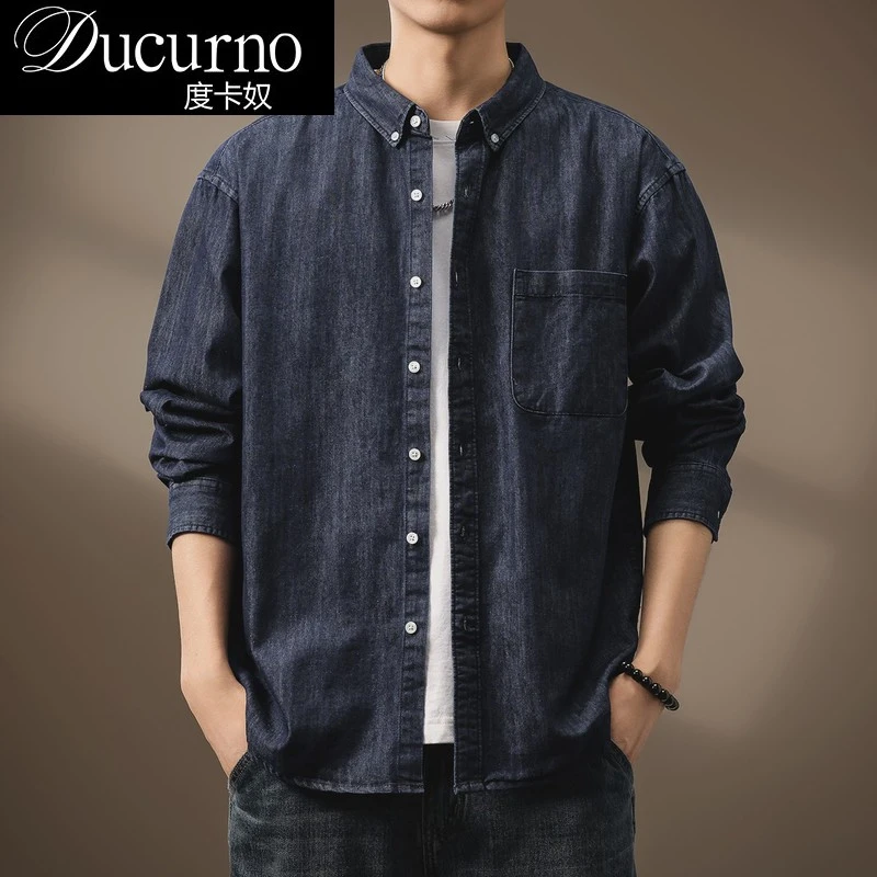 高端美式复古丹宁牛仔衬衫男宽松潮牌秋季日系简约男装衬衣外套男