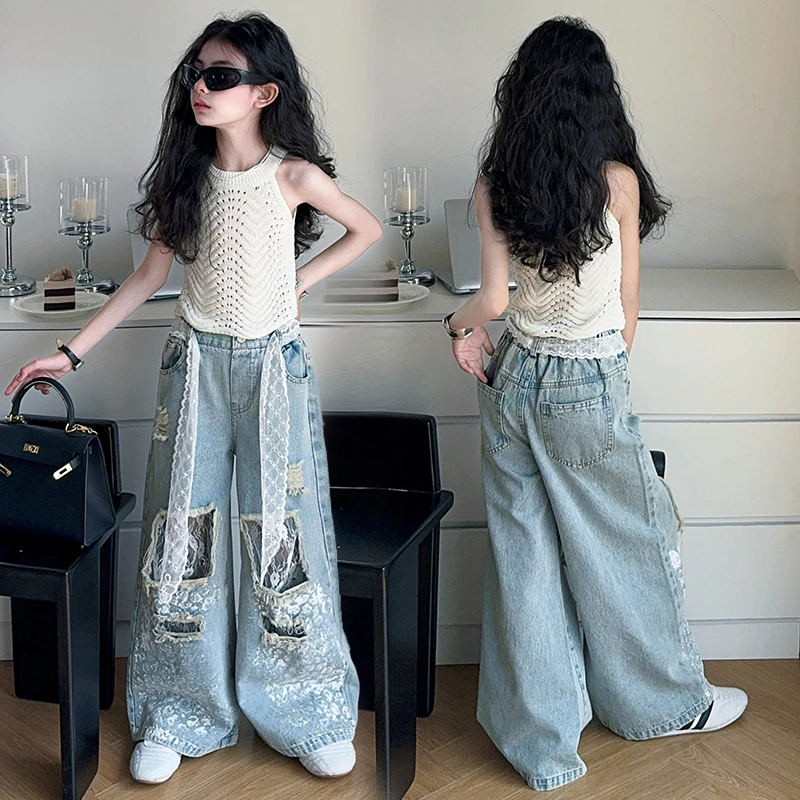 女童夏季中大童洋气时尚百搭个性潮流花边破洞牛仔裤套装