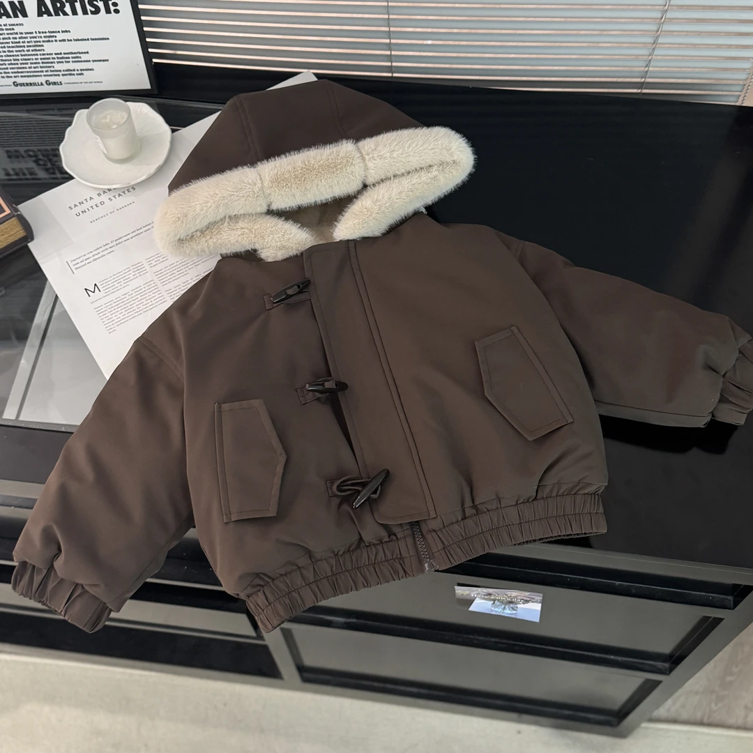 男女童皮毛一体连帽加绒外套2025新款仿貂毛领冬季保暖夹克70704