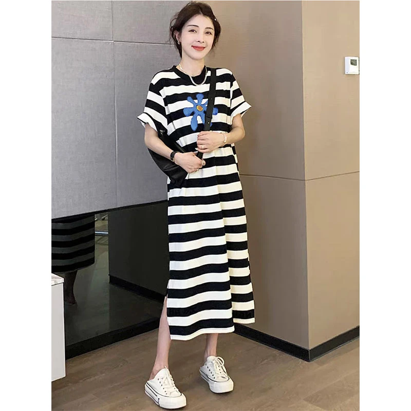 开叉条纹优质棉T恤裙女短袖2025新款夏季韩版宽松休闲显瘦连衣裙