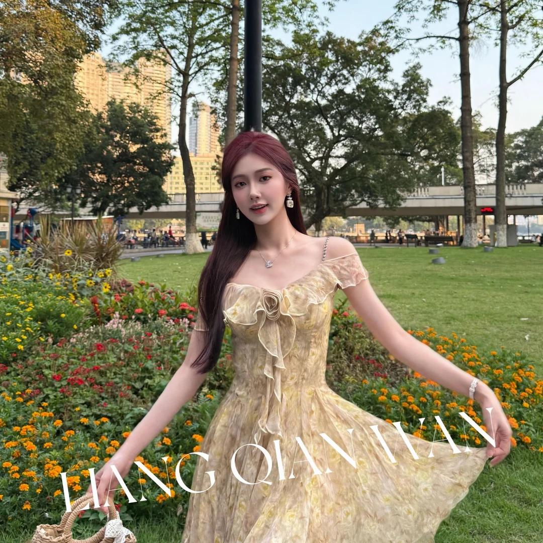 【梁千万】乔其纱玫瑰印花钻链两穿千金感收腰连衣裙-YL60083