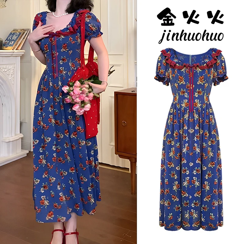 大码女装蓝色泡泡袖碎花连衣裙女夏季胖mm甜美气质掐腰碎花裙长裙