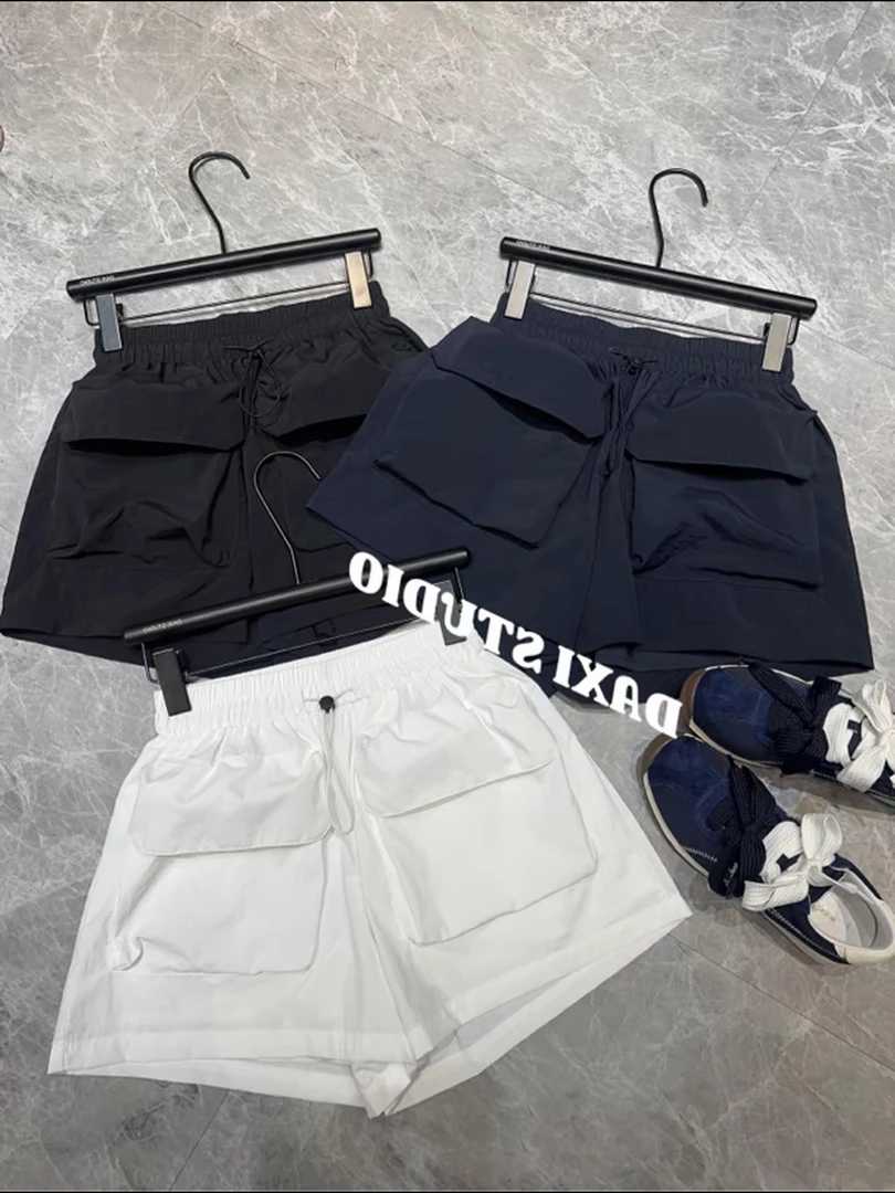 夏季新款薄款速干工装立体大口袋高腰抽绳A字阔腿外穿运动休闲裤