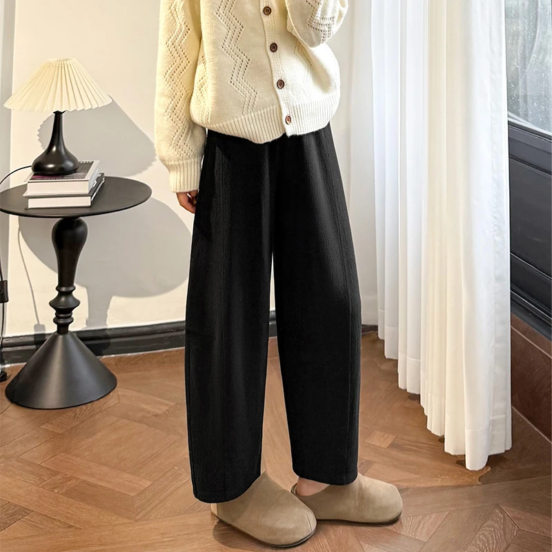 黑色羊毛桑蚕丝裤子女款2025新款糯米阔腿裤加厚秋冬季梧桐气球裤