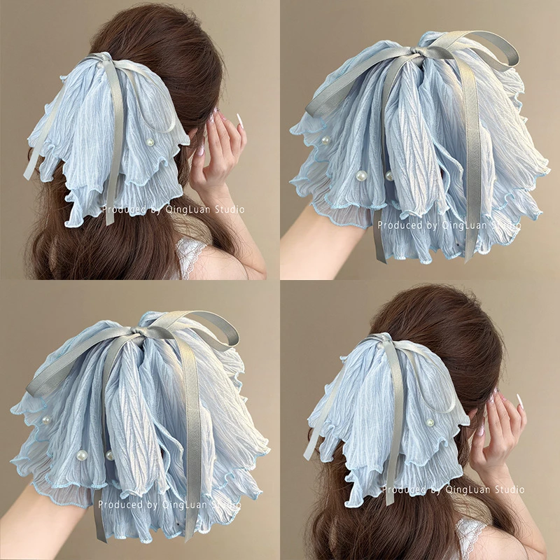 蝴蝶结网纱发夹女后脑勺半扎发抓夹鲨鱼夹新款高级感发卡马尾发抓