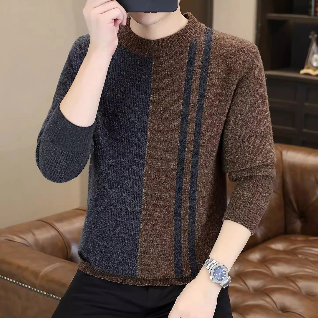 高档毛衣男圆领拼色条纹针织衫2025秋冬款加厚套头打底衫内搭秋衣