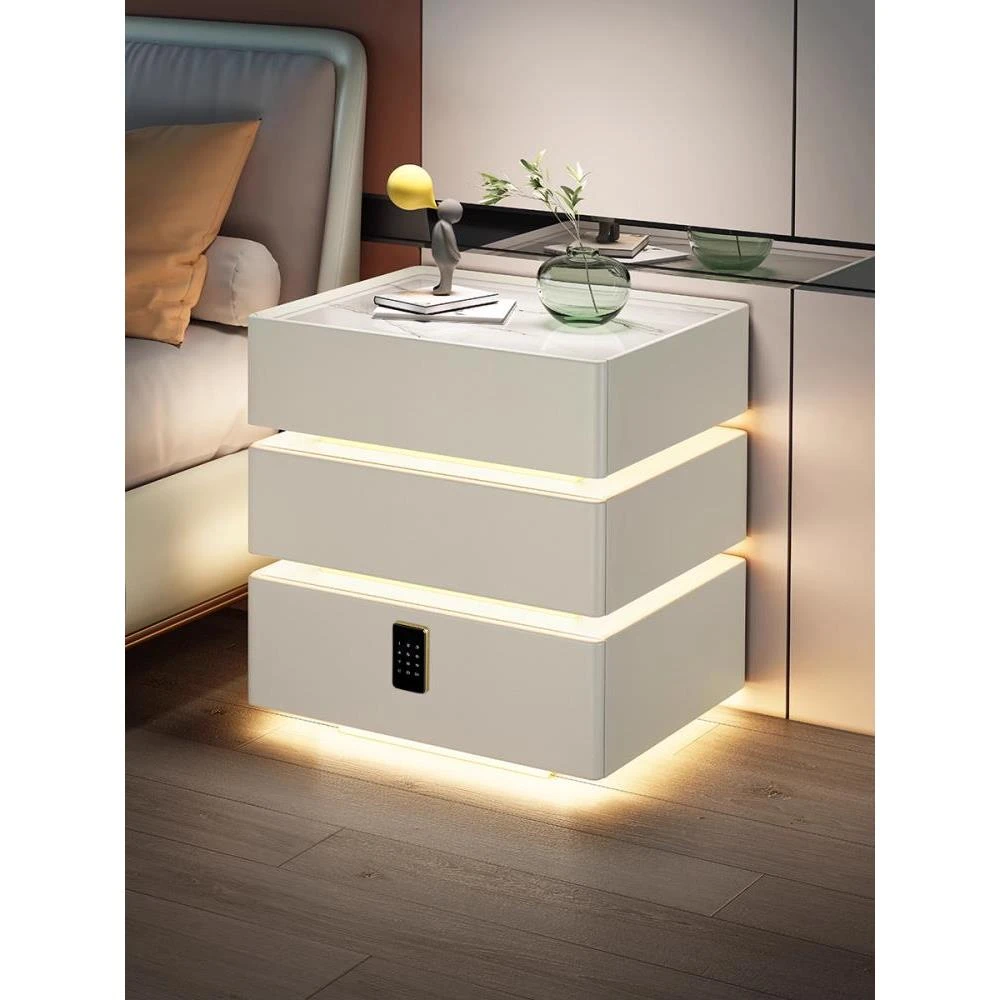 智能床头柜奶油风简约现代无线充密码锁蓝牙音响三色灯悬浮实木柜