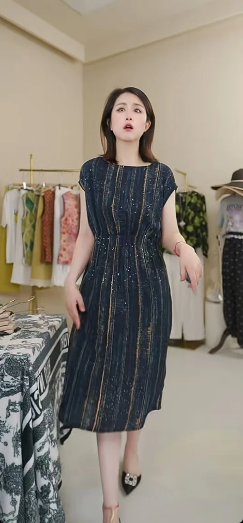 新款30169夏季休闲气质连衣裙时尚收腰中长款短袖条纹裙子 设计师