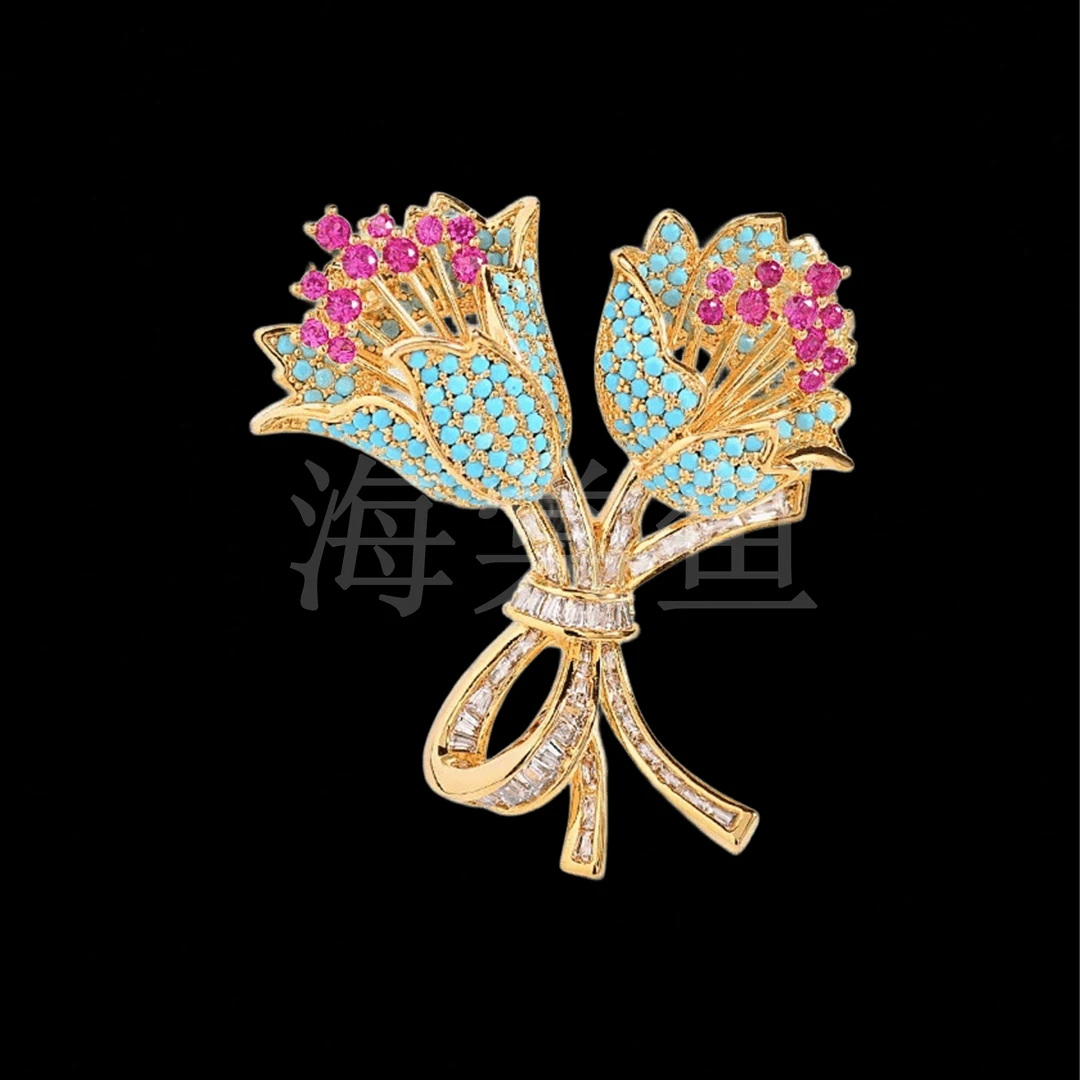 铜合金合成锆石胸针 时尚气质百搭蓝双玫瑰胸针5954