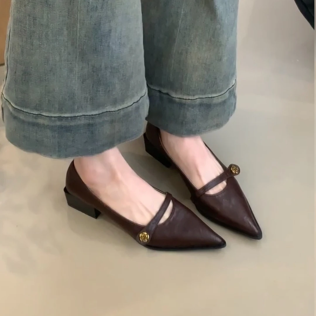 粗跟复古风玛丽珍鞋女浅口尖头单鞋2025春夏新款法式配裙子小皮鞋