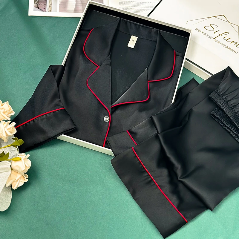 Sifuma/斯服玛《樱桃》春秋丝质长袖长裤两件套睡衣家居服女套装