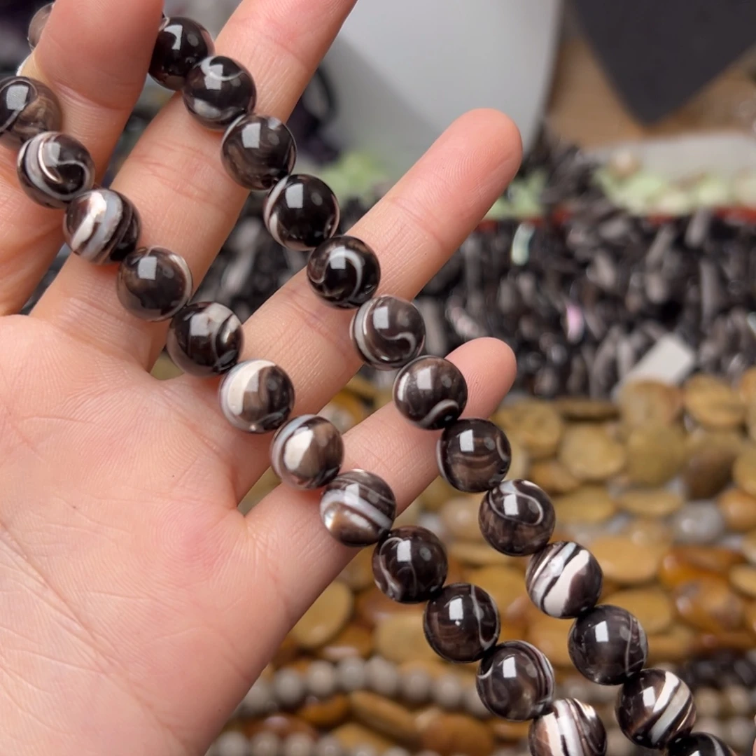 玛瑙/玉髓合金珠宝半成品N555。10.5mm天然黑金贝圆珠一条