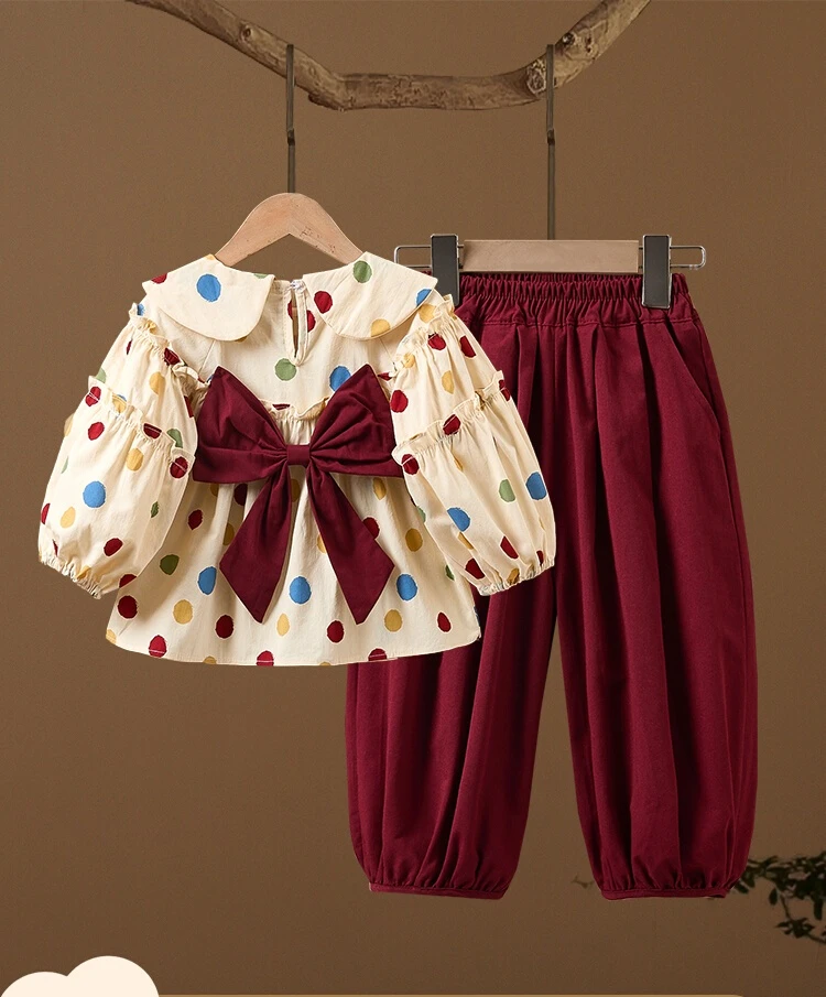 女童秋装套装2025新款洋气薄款波点蝴蝶结衬衫小童秋季休闲两件套