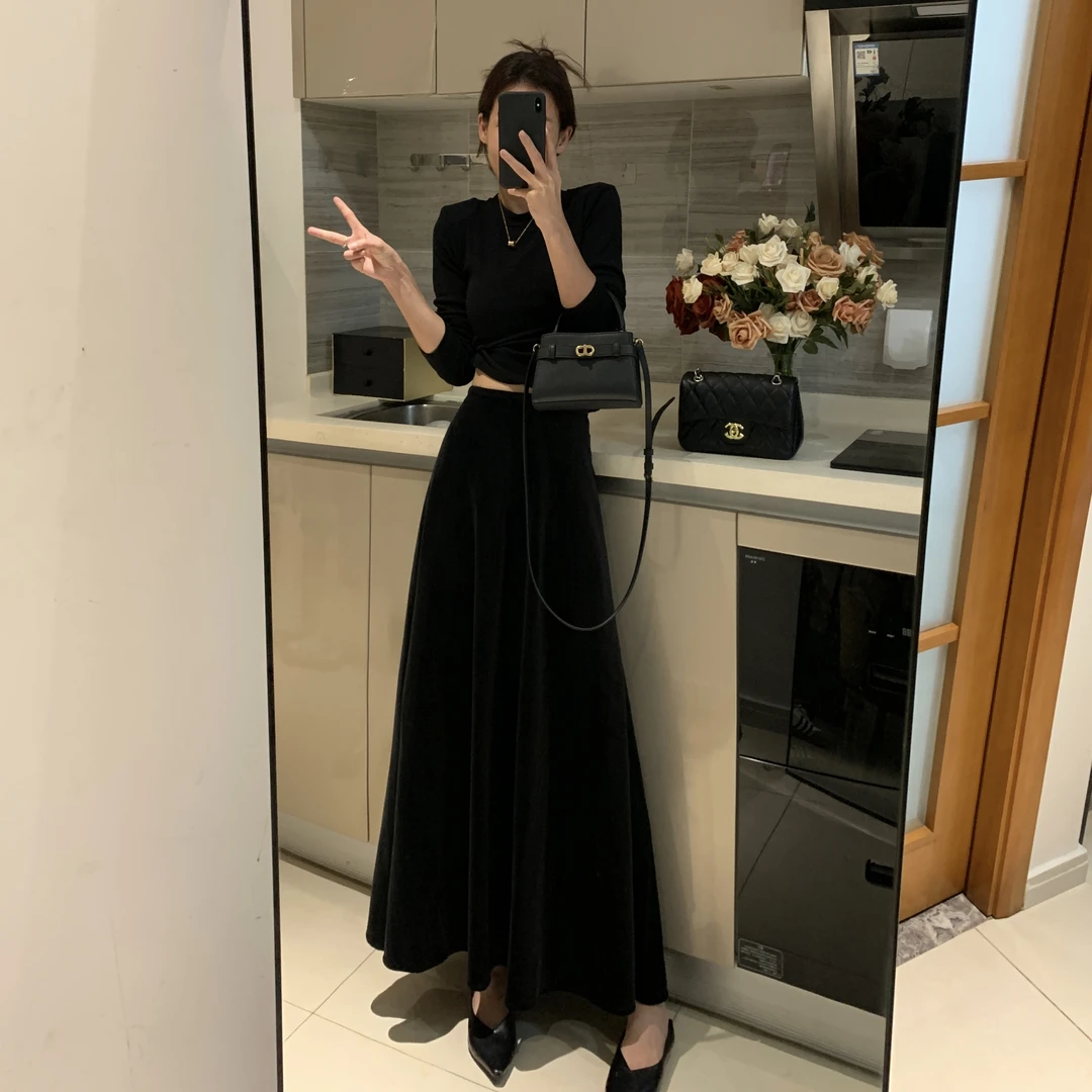 高级气质丝绒A字半身裙2025秋冬新款高腰宽松显瘦百搭大摆半身裙