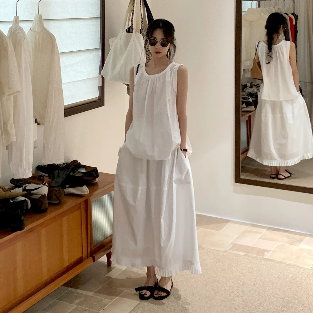 韩系白色甜美无袖衬衫半裙套装女2025夏新花边小清新两件套